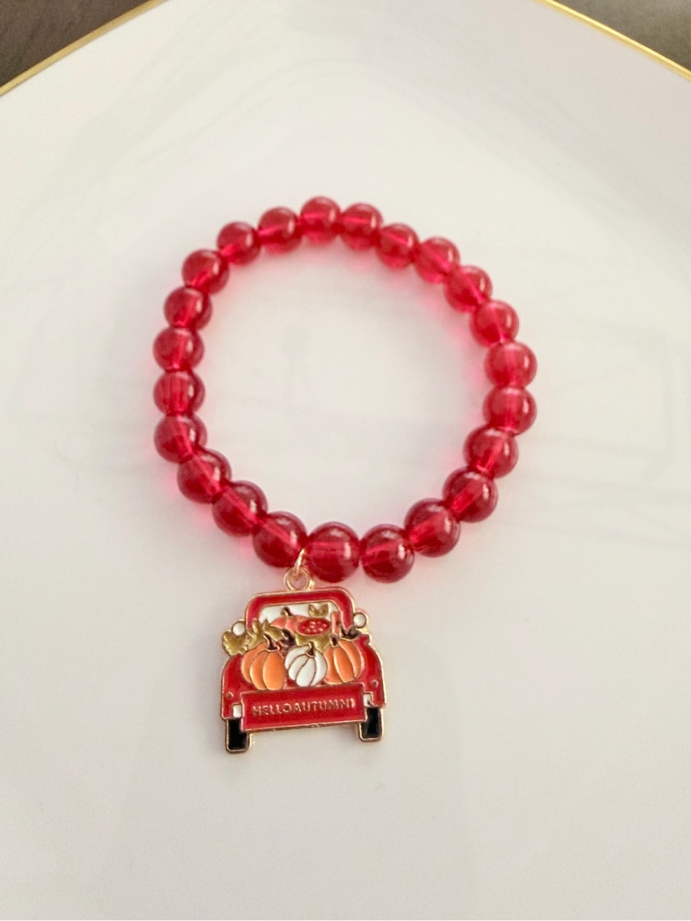 Red Beaded Bracelet with Autumn Truck Charm